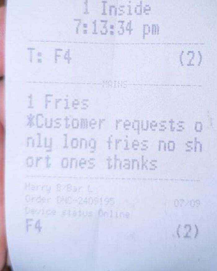 Receipt showing a customer request for only long fries with no short ones, highlighting relatable chef meme humor.