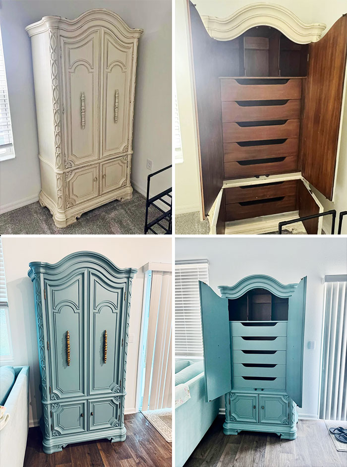 Before and after images showing furniture flipping pros transforming a vintage armoire with paint and new drawer interiors.