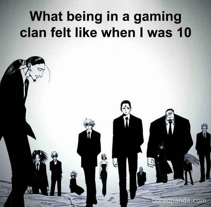 Characters in dark suits walking with the caption about feeling nerdy and weird in a gaming clan at age 10.