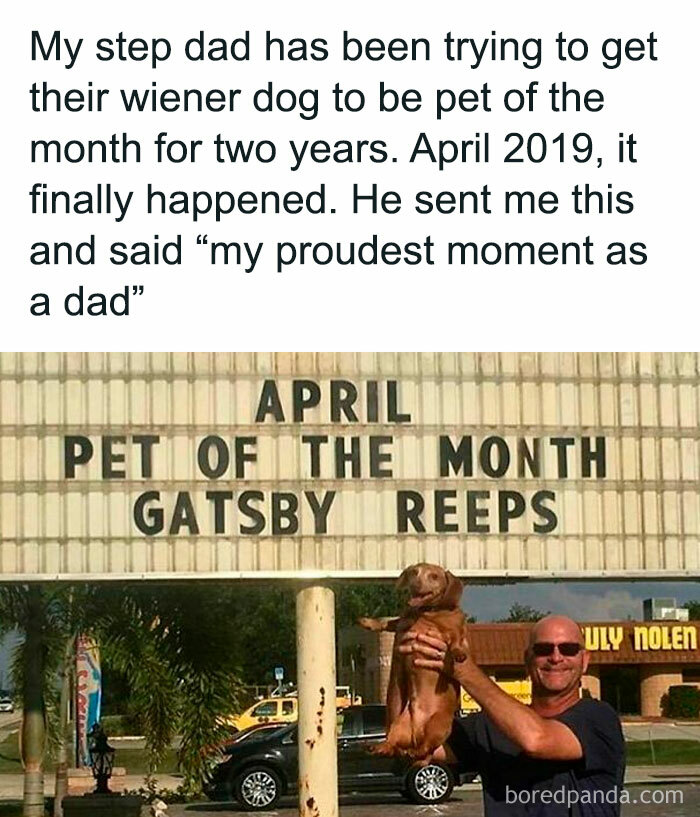 Man holding a wiener dog in front of a sign reading April pet of the month Gatsby Reeps in a funny dog memes post.