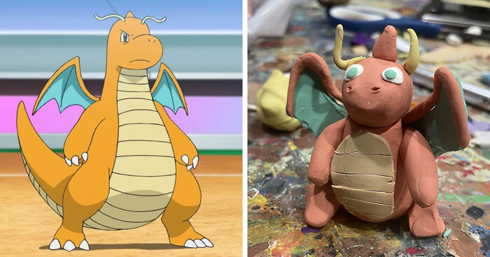 Side-by-side comparison of a Dragonite Pokemon and a poorly-made favorite Pokemons clay figure on a messy table.