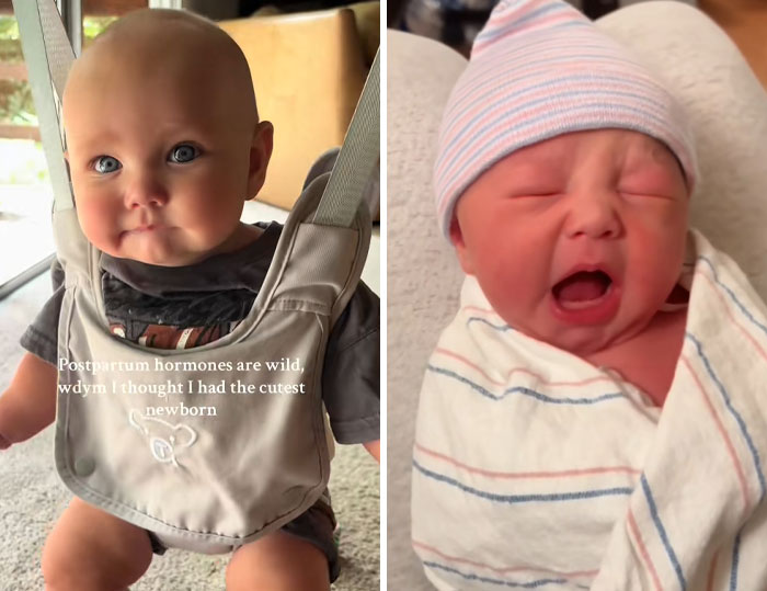Two newborn babies shown side by side highlighting women calling out their postpartum hormones experience.