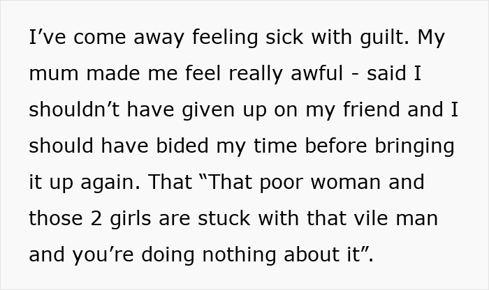 Text excerpt discussing guilt after cutting off a friend who stayed in an abusive marriage and family reactions.