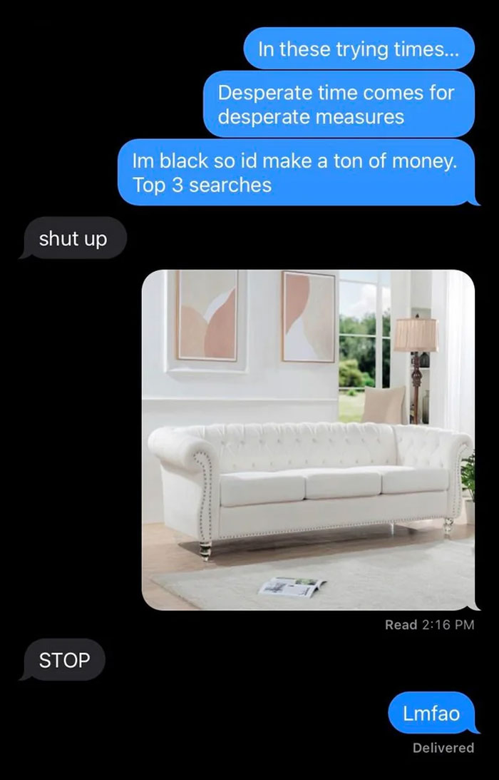 Text message conversation with black and blue bubbles alongside an image of a white couch, related to teen babysitting pay.