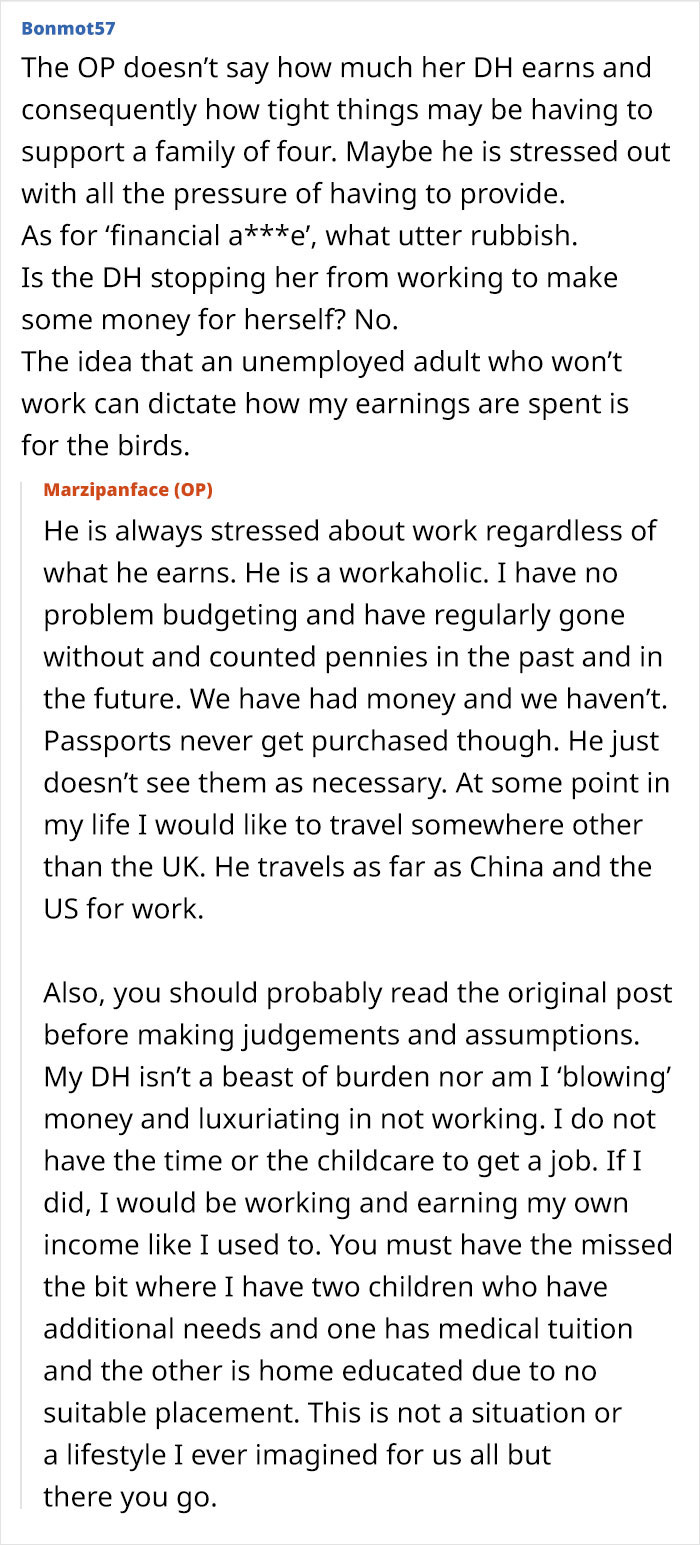 Forum discussion about husband saying wife and kids aren't allowed passports due to financial constraints and stress managing family needs - 22