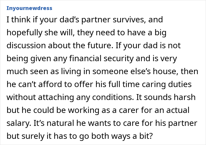 Comment about woman deciding to leave her partner homeless if she dies, discussing financial security and caregiving concerns.