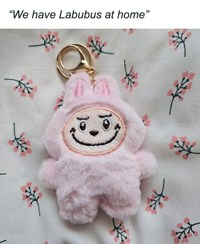 Plush Labubu doll keychain with a mischievous smile, sparking hilarious Labubu doll memes online.