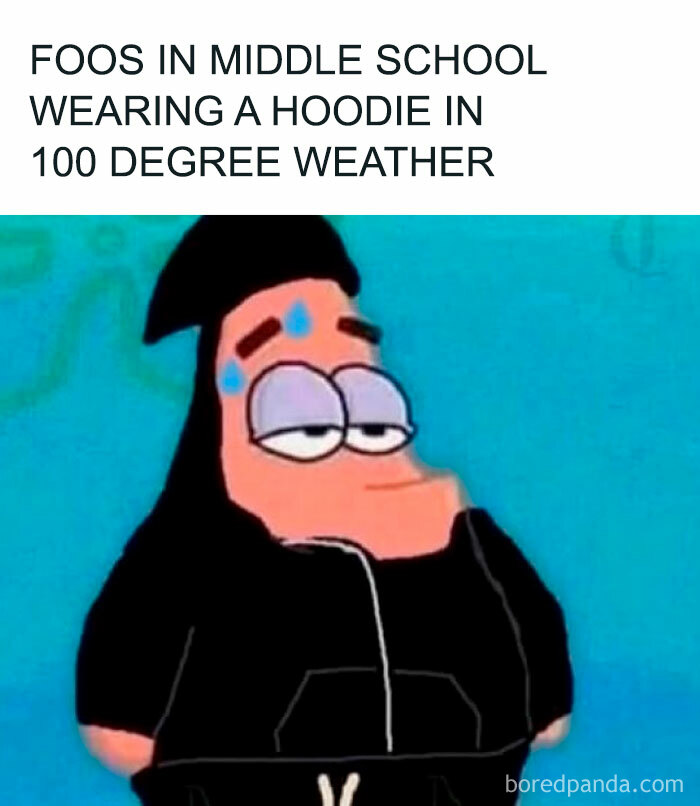 Cartoon character wearing a hoodie in hot weather, illustrating a funny meme about Hispanic culture and experiences.