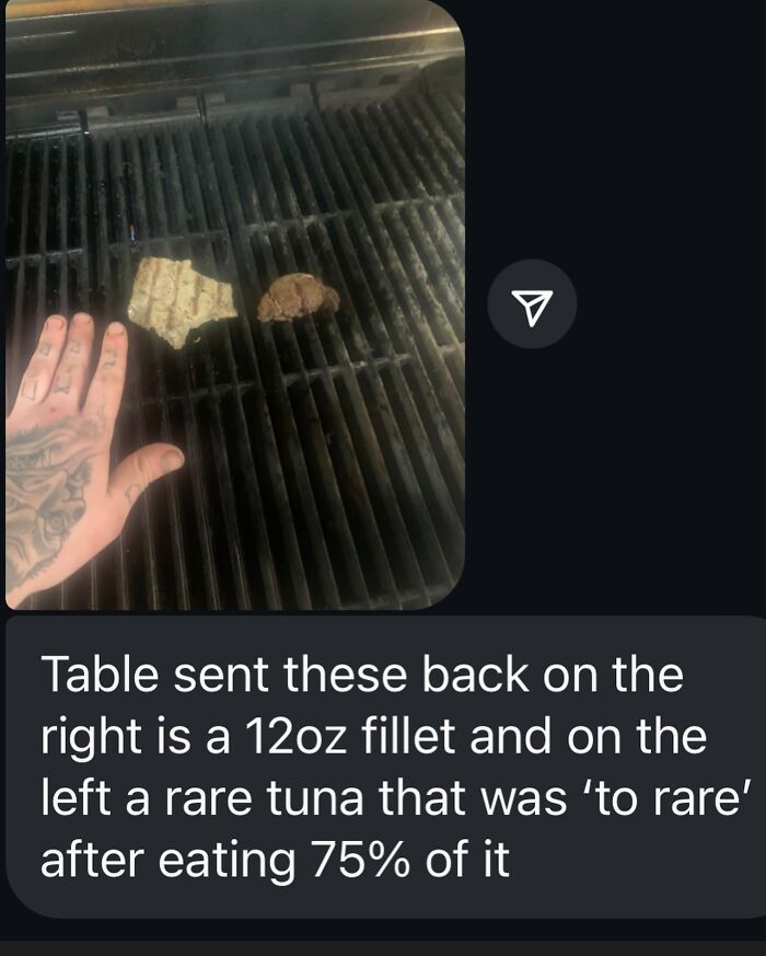 Tattooed hand showing two small pieces of meat on grill, illustrating relatable chef memes about cooking and food complaints.