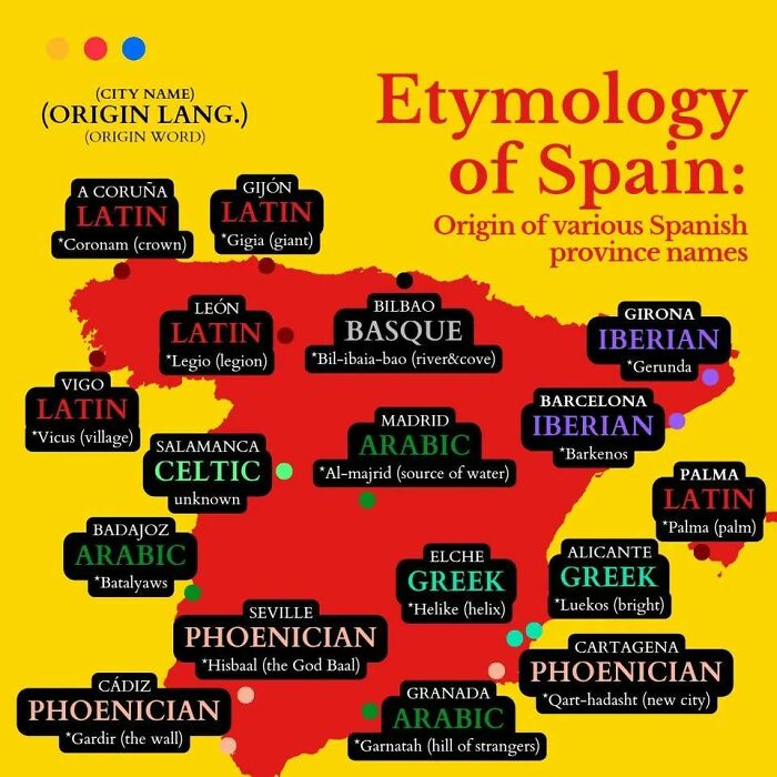 Map of Spain showing etymology of province names with origins in Latin, Arabic, Greek, Phoenician, Basque, Celtic, and Iberian languages.