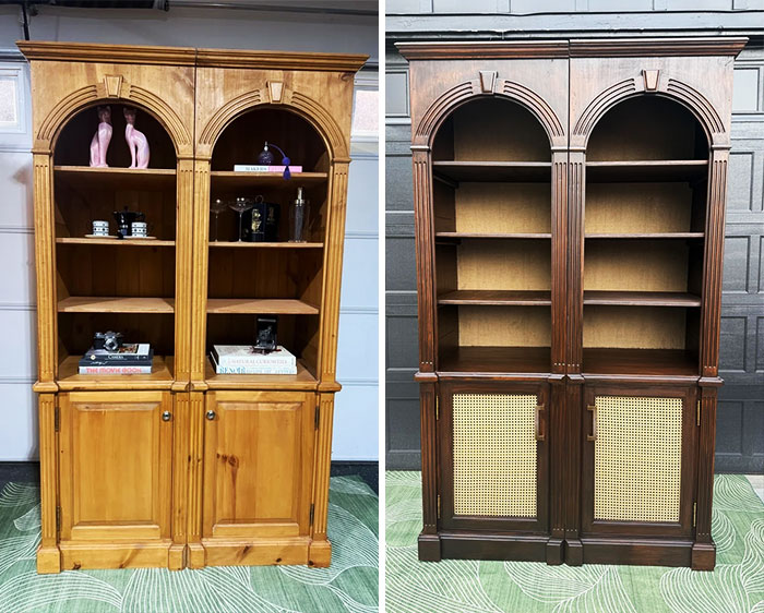 Before and after image of furniture flipping pros transforming a wooden bookshelf into a dark-stained, modern cabinet.