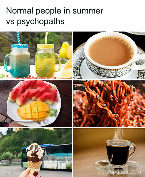 Comparison of summer memes showing refreshing drinks and fruits versus hot drinks and noodles for funny summer memes concept.