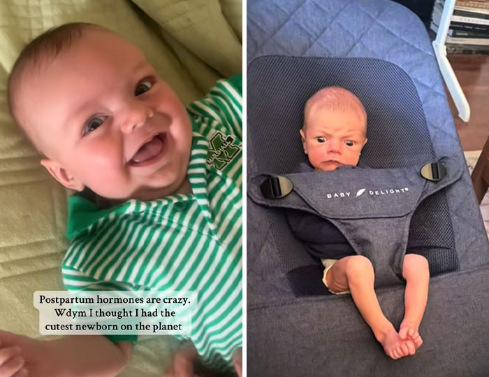 Side-by-side images of two newborns, highlighting the contrasting effects of postpartum hormones on mothers' perceptions.