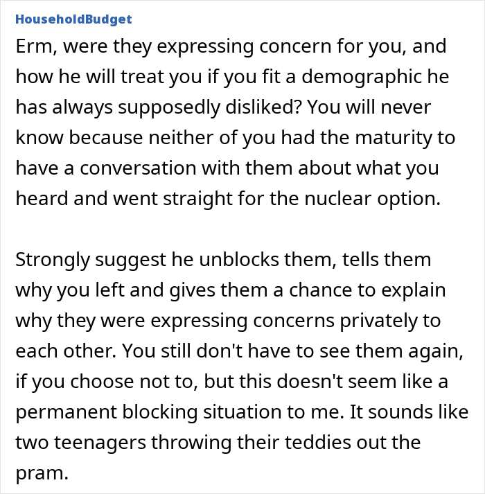 Text discussing a woman shocked after overhearing boyfriend&rsquo;s parents talking about her and her decision to avoid seeing them again.