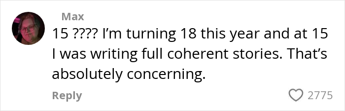Comment by Max expressing concern about literacy, stating at 15 they were writing full coherent stories, highlighting the literacy crisis.