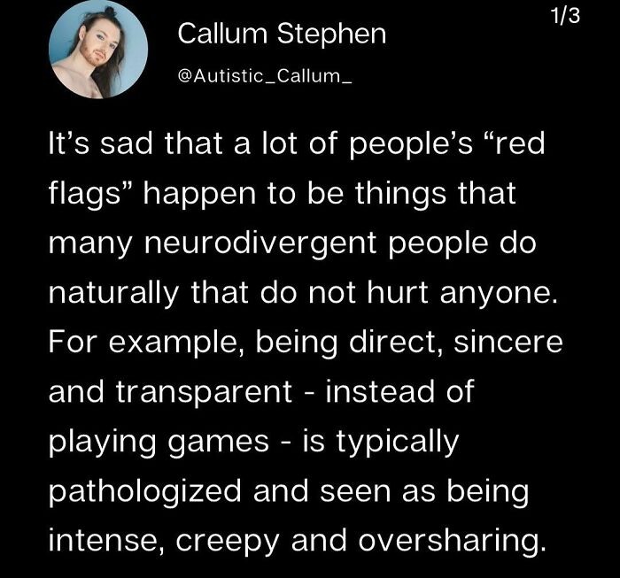 Tweet from neurodivergent person discussing stigma around direct and transparent communication as relatable neurodivergent posts