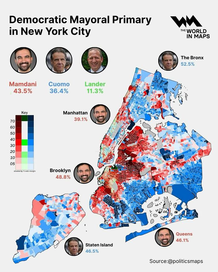 Map of the Democratic mayoral primary in New York City showing voting data with candidate support by borough.