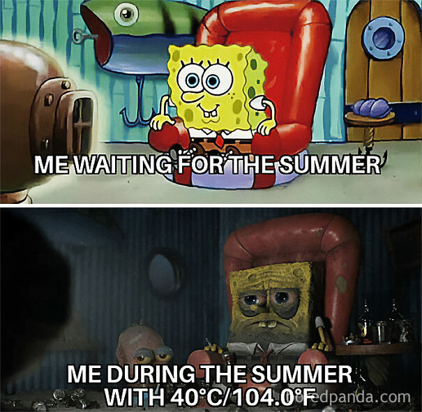Funny summer memes showing a bright SpongeBob waiting and a tired SpongeBob struggling in extreme heat.