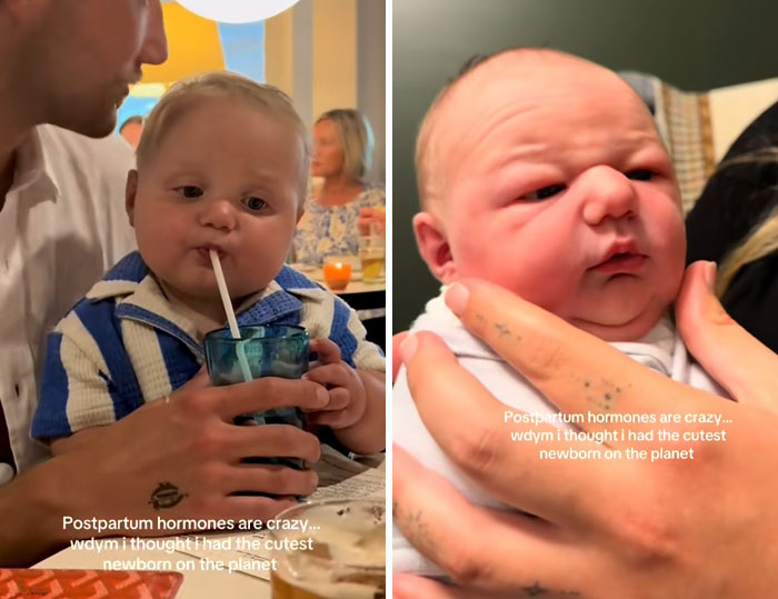 Images of newborn babies held by adults, highlighting postpartum hormones and perceptions of cuteness in newborns.