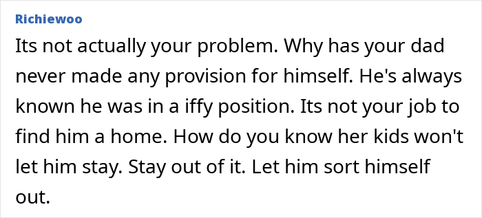 Comment discussing a woman&rsquo;s decision to leave her partner homeless if she dies, highlighting relationship and homelessness issues.