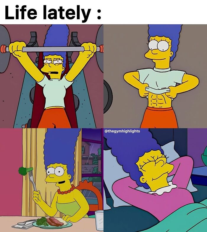 Cartoon character showing gym workout, abs, healthy eating, and relaxing, highlighting gym life humor and fitness memes.