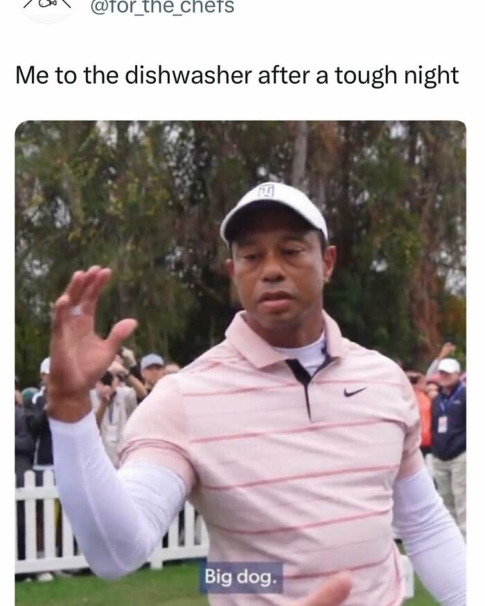 Man in a golf outfit making a hand gesture with caption referencing relatable chef memes about tough nights.