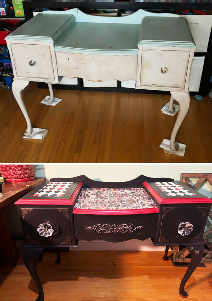 Before and after furniture flipping showing a vintage desk transformed with black paint and decorative red and white accents.