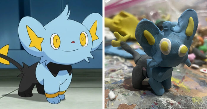 Shinx clay figure with rough details beside a clear animated Shinx character, showcasing poorly-made favorite Pokemons clay.
