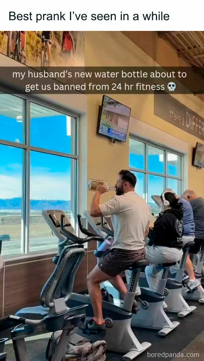 Man on exercise bike drinking from a glass bottle in gym with others nearby, a funny prank from the circle of idiots posts.