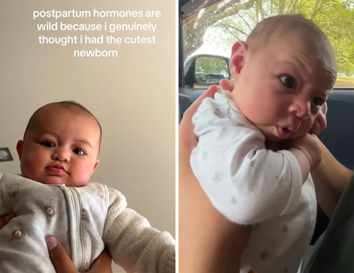 Two babies being held, illustrating women's experiences with postpartum hormones and newborn perceptions.