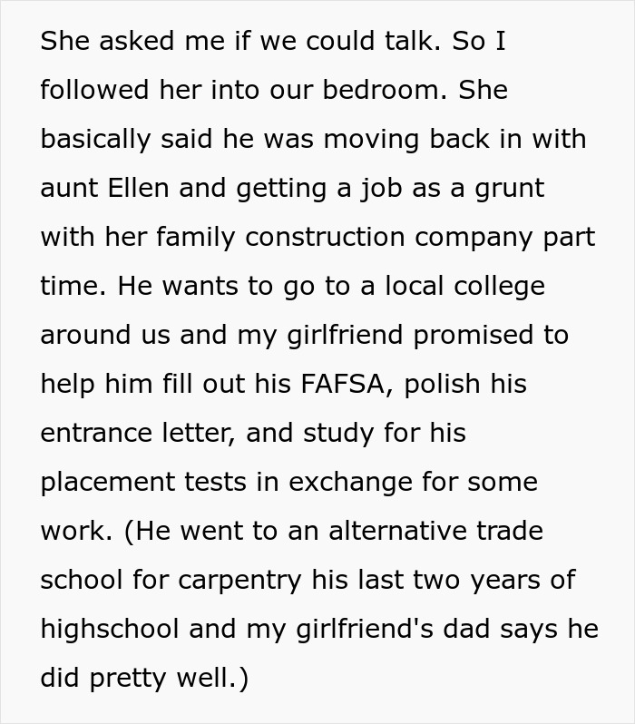 Best friend saw girlfriend helping another man with college paperwork and job plans in the bedroom conversation.