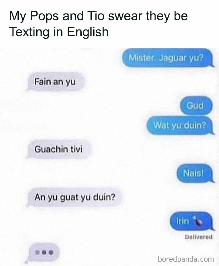 Text conversation showing humorous Spanglish phrases illustrating funny memes about Hispanic texting habits.