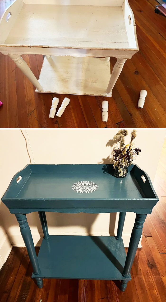 Before and after images of a furniture flipping project showing a restored and painted side table with decorative details.