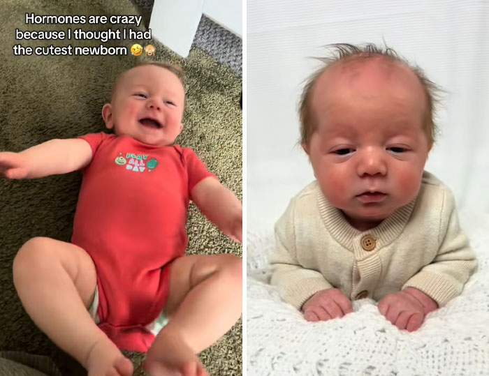 Side-by-side images of a newborn baby, illustrating postpartum hormones reactions and new motherhood experiences.