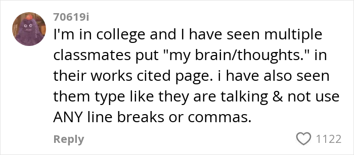 Comment from a college student describing concerns about literacy skills, line breaks, and punctuation mistakes in peers' writing.