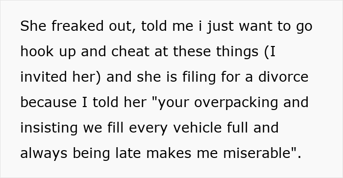 Text excerpt showing a husband explaining his wife’s overpacking and lateness caused travel issues leading to divorce filing. - 11