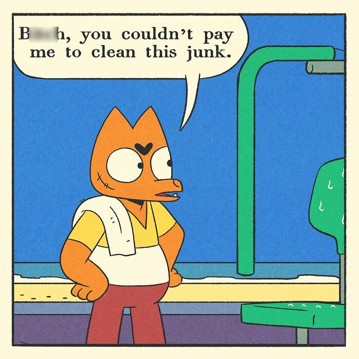 Bodybuilding duck with muscular arms sitting on a green gym bench by the beach with a surprised expression.