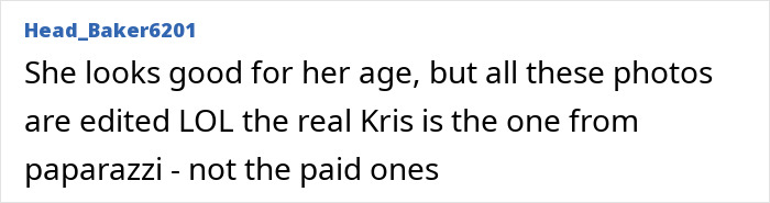Comment text criticizing Kris Jenner&rsquo;s edited photos, mentioning skeleton Barbie leg and alleged Photoshop fail.