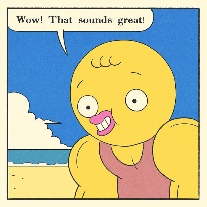 Muscular shark character in a blue tracksuit pointing, with speech bubble in a comic about a bodybuilding duck’s soft heart.