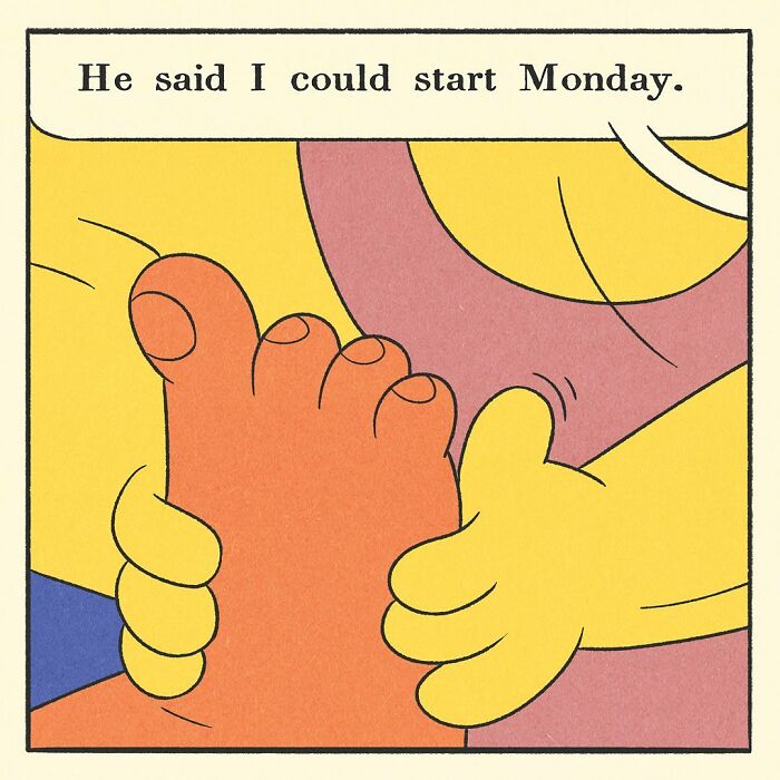 Comic panel showing a colorful balcony with a speech bubble about being offered a job, part of a bodybuilding duck story.