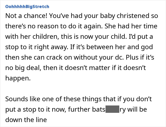 Comment discussing MIL demanding a more Christian baby name, with mom feeling uncomfortable about the issue.