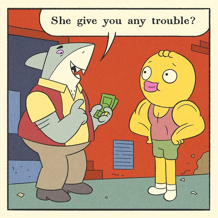 Hand holding cash offering money to another hand in a cartoon style comic about a bodybuilding duck.