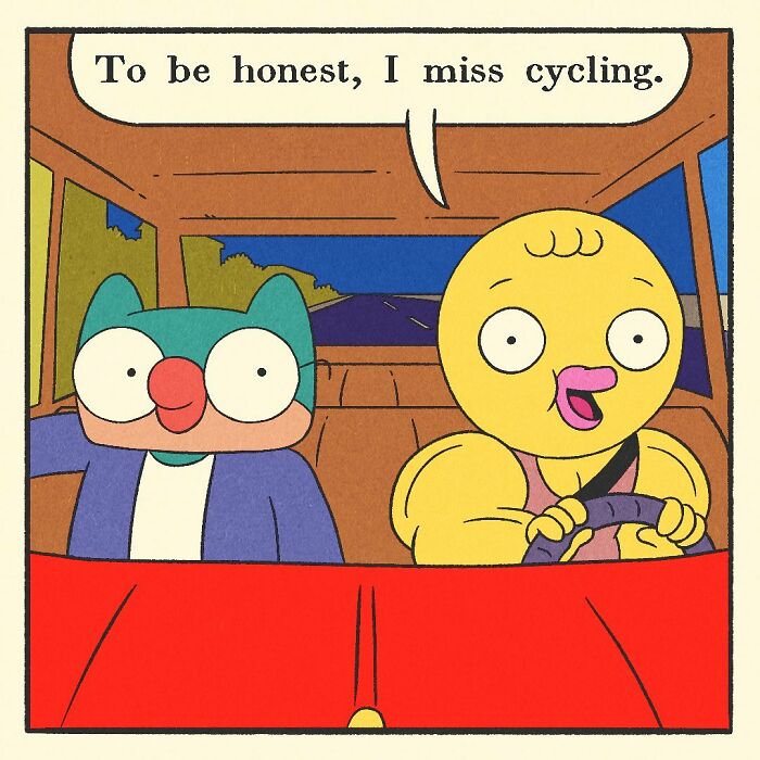 Comic panel featuring a bodybuilding duck driving a red car with a cat passenger, showcasing the character’s soft heart.