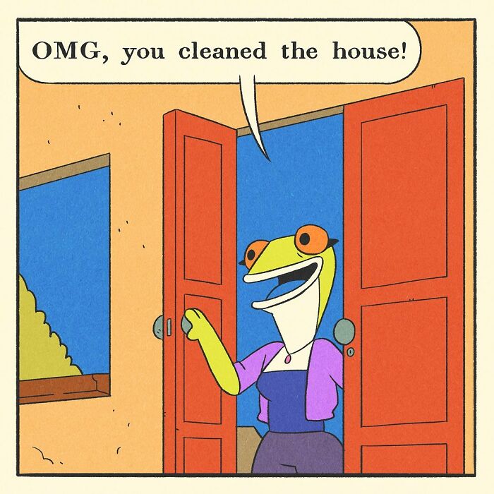 Comic illustration of a bodybuilding duck with a soft heart gently holding a small bird in a cozy living room.