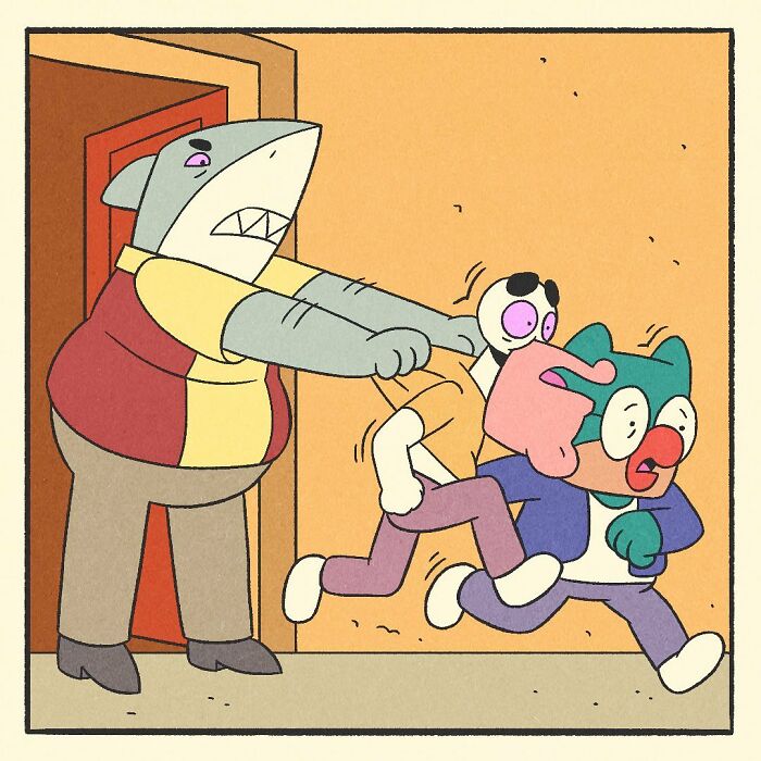Comic panel showing an angry anthropomorphic shark confronting other characters in a colorful cartoon style.