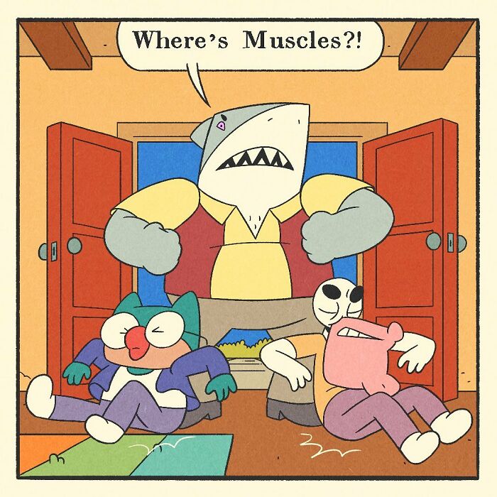Comic illustration of a bodybuilding shark holding two cartoon characters, featuring a bodybuilding duck theme with a soft heart concept.