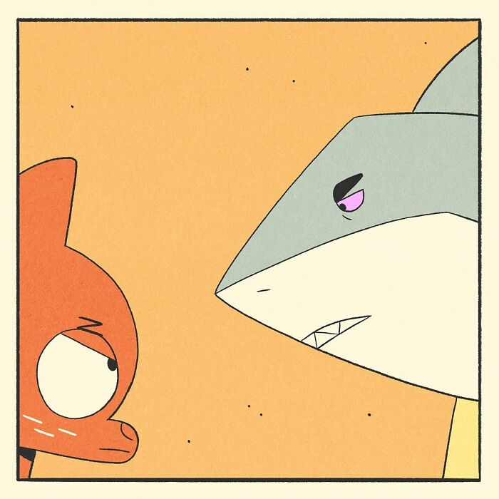 Bodybuilding duck character holding a baby, standing between a fox and a shark in a comic-style illustration.