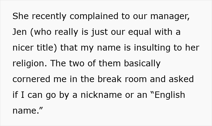 Text about a Korean woman being asked to use an English name due to coworker finding her original name offensive. Text about a Korean woman being asked to use an English name due to coworker finding her original name offensive.