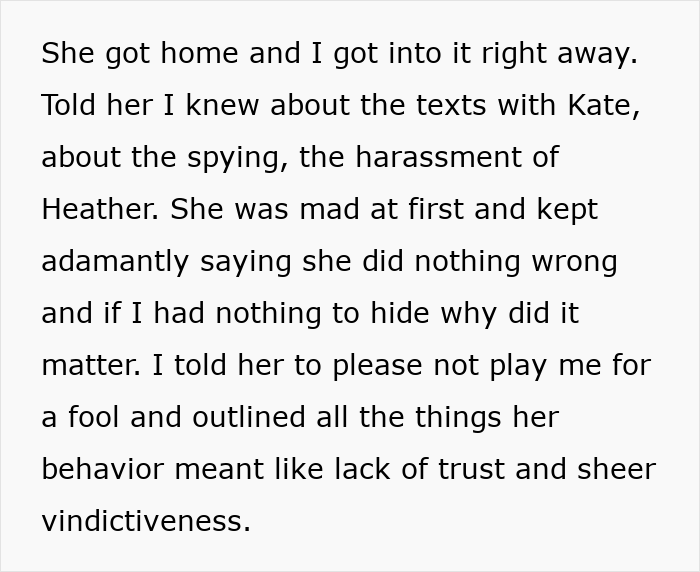 Text describing a jealous wife spying on husband at work, confronting him about trust and harassment issues.