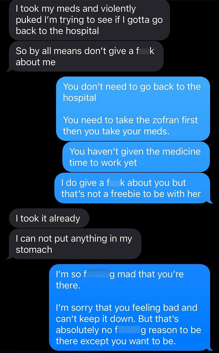 Text message exchange about meds, stomach issues, and feelings while boyfriend&rsquo;s ex-gf is at the house bathroom charging phone.